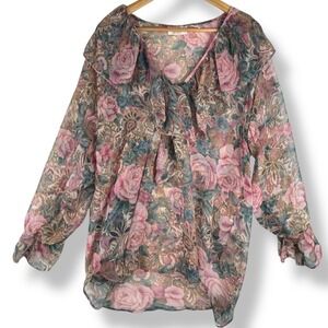 Victorias Secret Gold Label Floral Blouse Womens Size Small Sheer Ruffle Top 80s